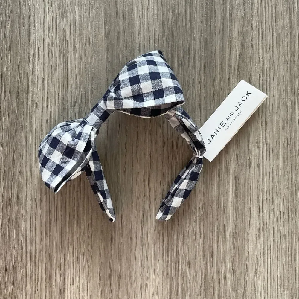 NWT Janie and Jack Gingham Bow Headband Navy One Size